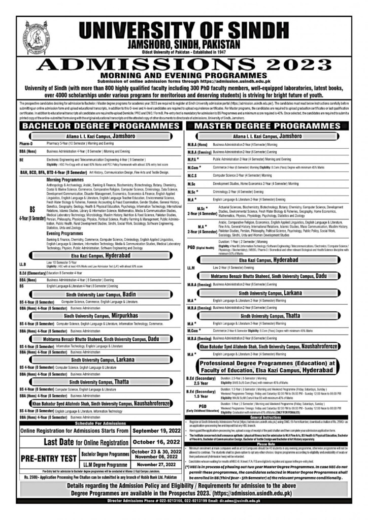 Sindh University Admission 2023 Online Form Last Date