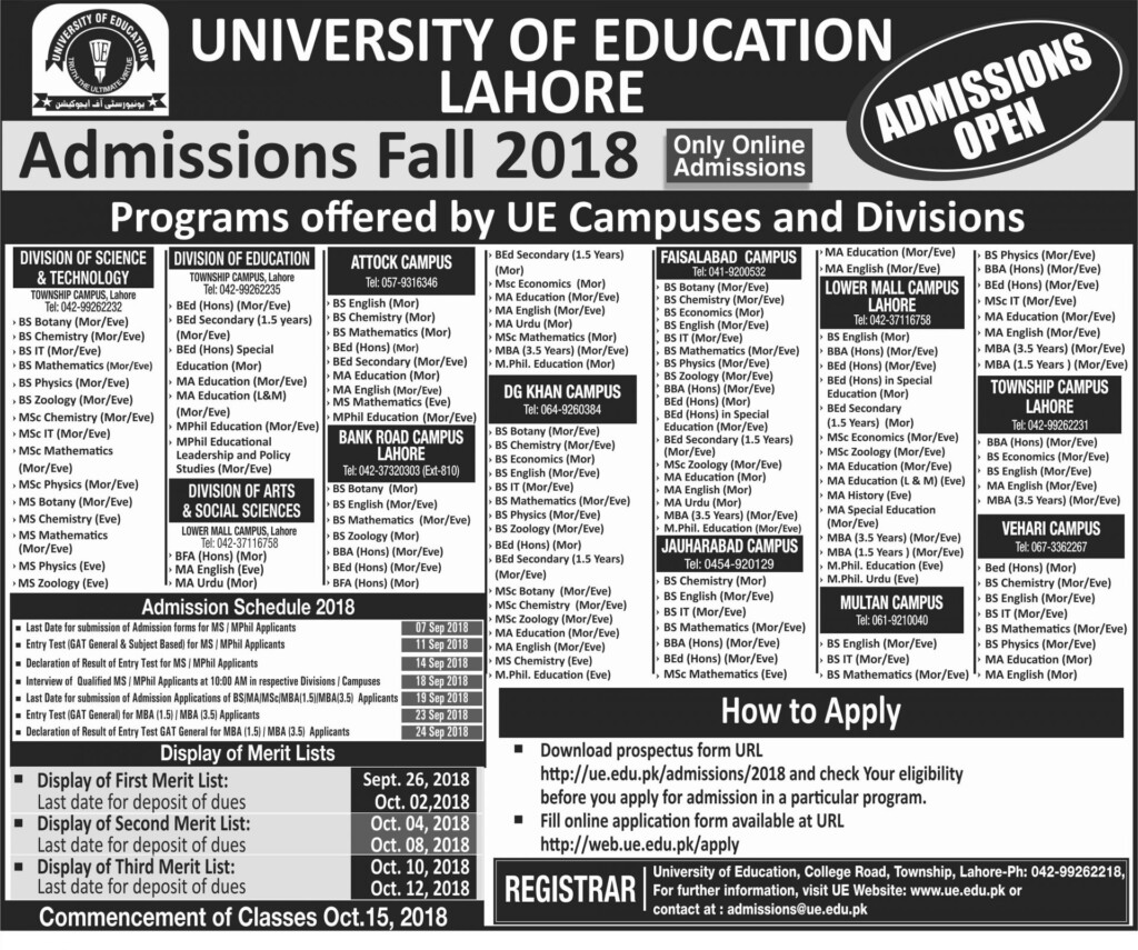 University Of Education Lahore Fall Admission 2018 BS Form Download