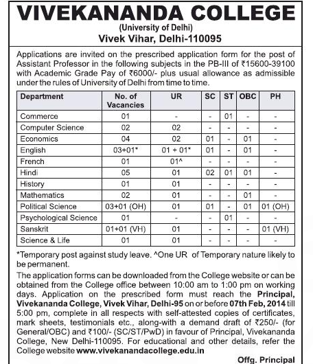 Vivekananda College Vivek Vihar Delhi Assistant Professor Recruitment 