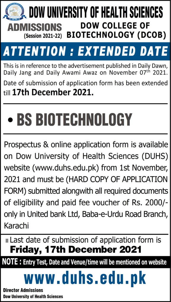 Admission BS Biotechnology At Dow College Of Biotechnology DCOB 