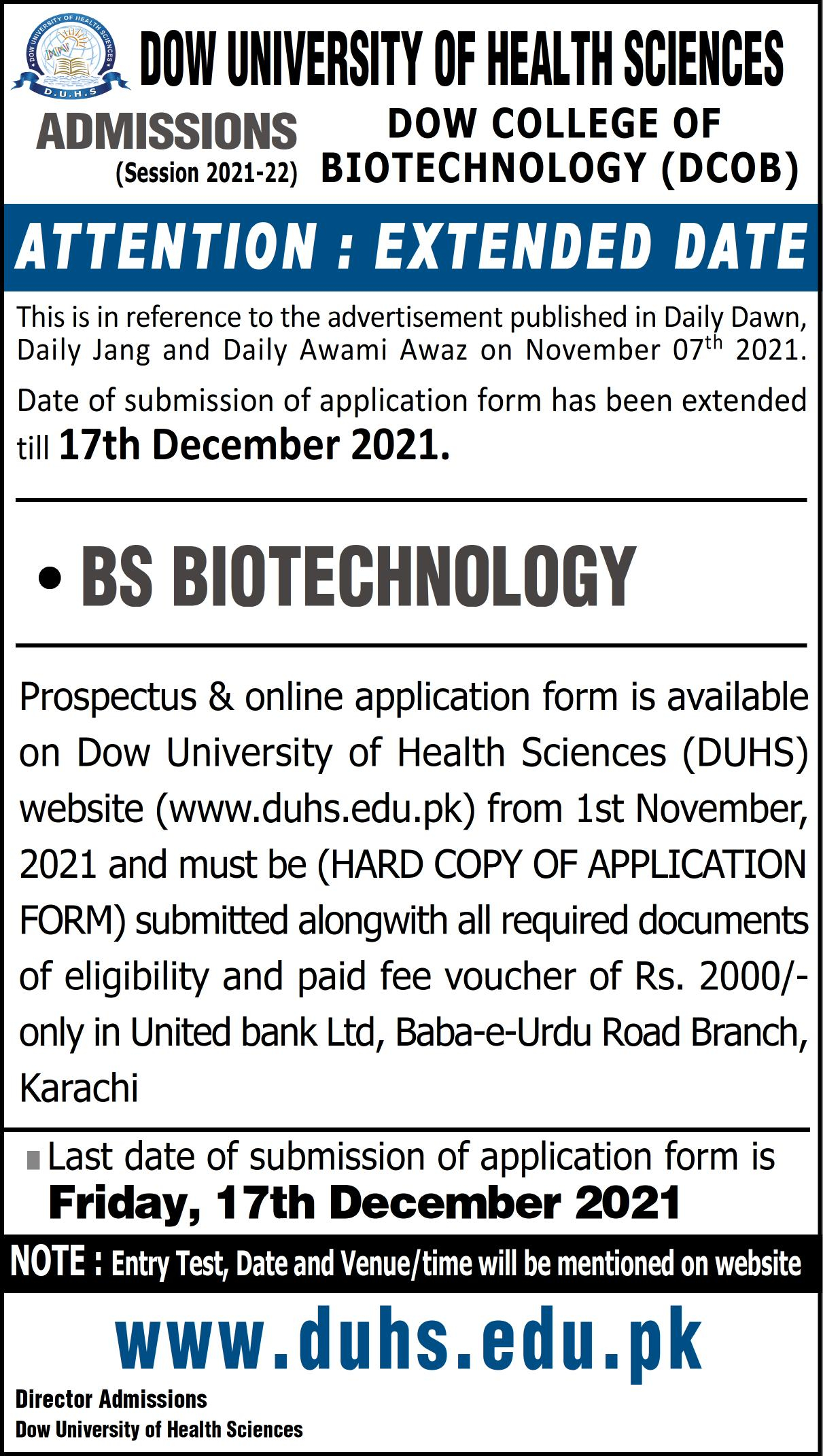 Admission BS Biotechnology At Dow College Of Biotechnology DCOB