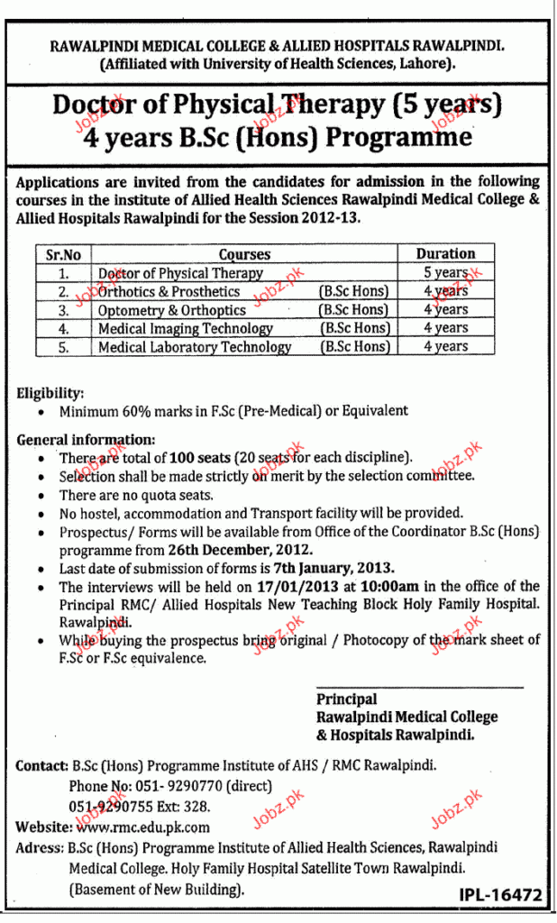 Admission In DPT And BSc Hons In Rawalpindi Medical College 2022 