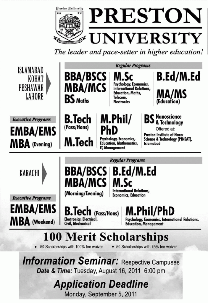 Admission In Pakistan Preston University Admission Fall 2011