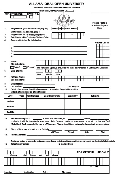 Aiou Allama Iqbal Open University Admission Form Admission Form