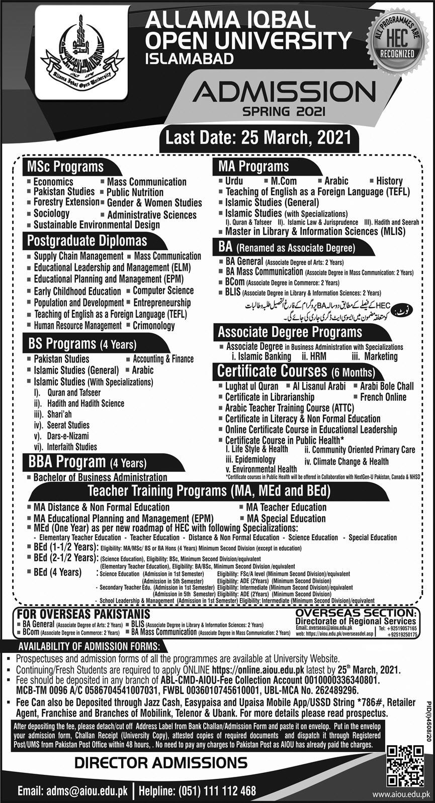 Allama Iqbal Open University BA B Ed Admission 2021 Forms Download 