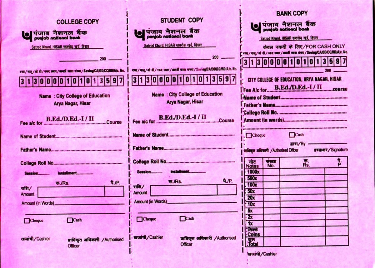 Bank Challan City College Of Education Hissar