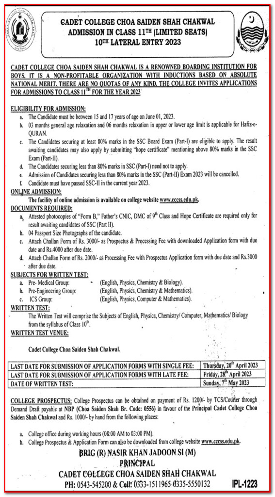 Cadet College Choa Saiden Shah Chakwal New Admission 2023