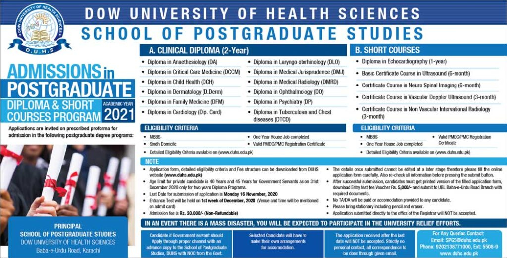 Dow University Of Health Sciences Postgraduate Courses Admission 2021