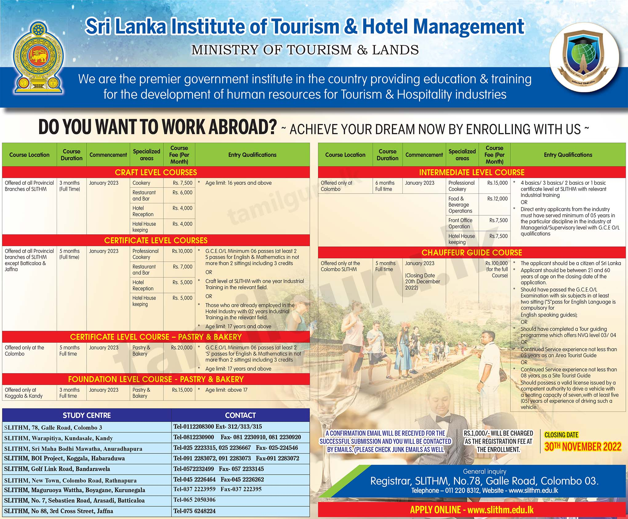 Hotel Management Tourism Courses Application 2022 SLITHM