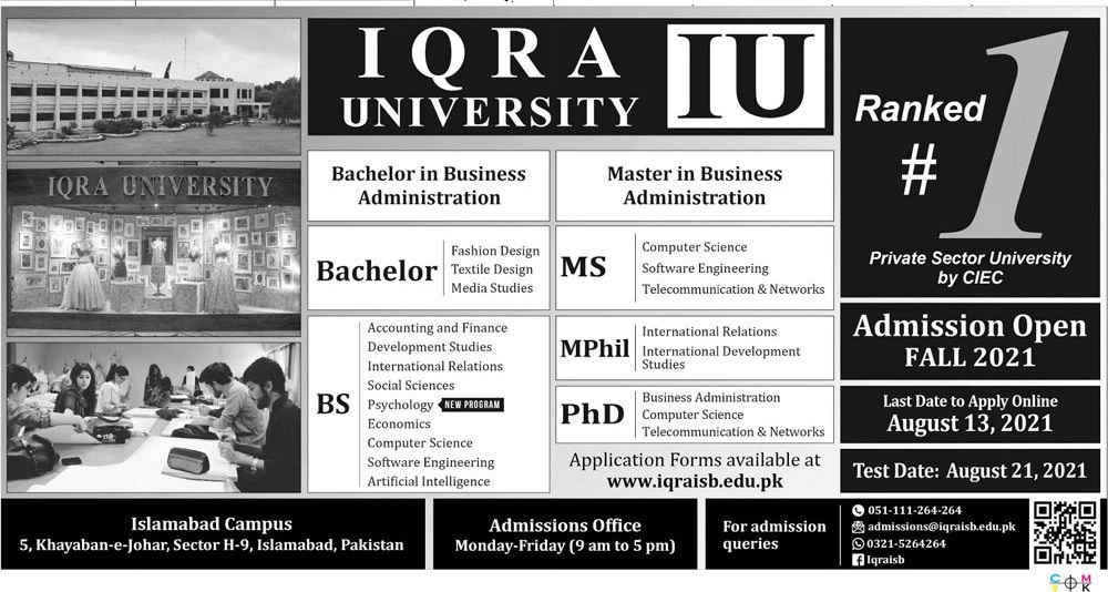 Iqra University Islamabad Campus 2021 Admissions Apply Now