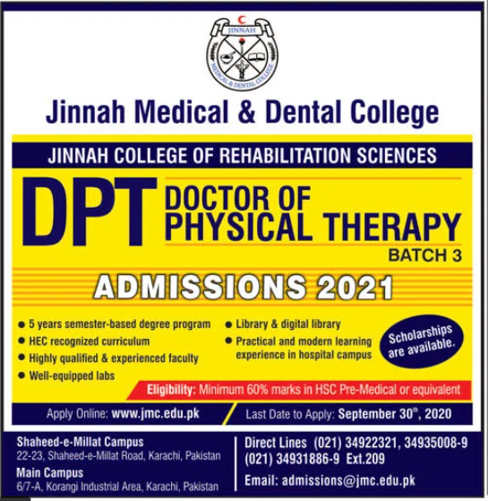 Jinnah Medical Dental College Admissions In DPT 2020 Private 