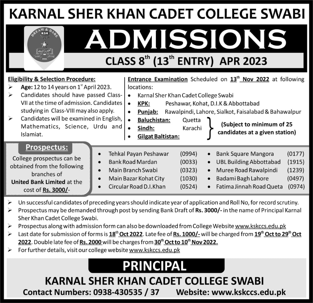 Karnal Sher Khan Cadet College Swabi Admission 2023 Entry Test