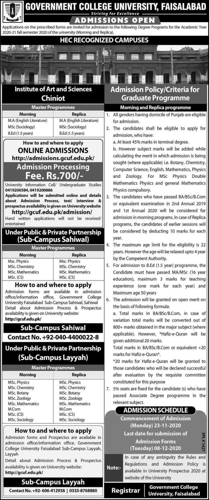 MA Msc Admission 2022 Schedule GCUF Faisalabad LearningAll