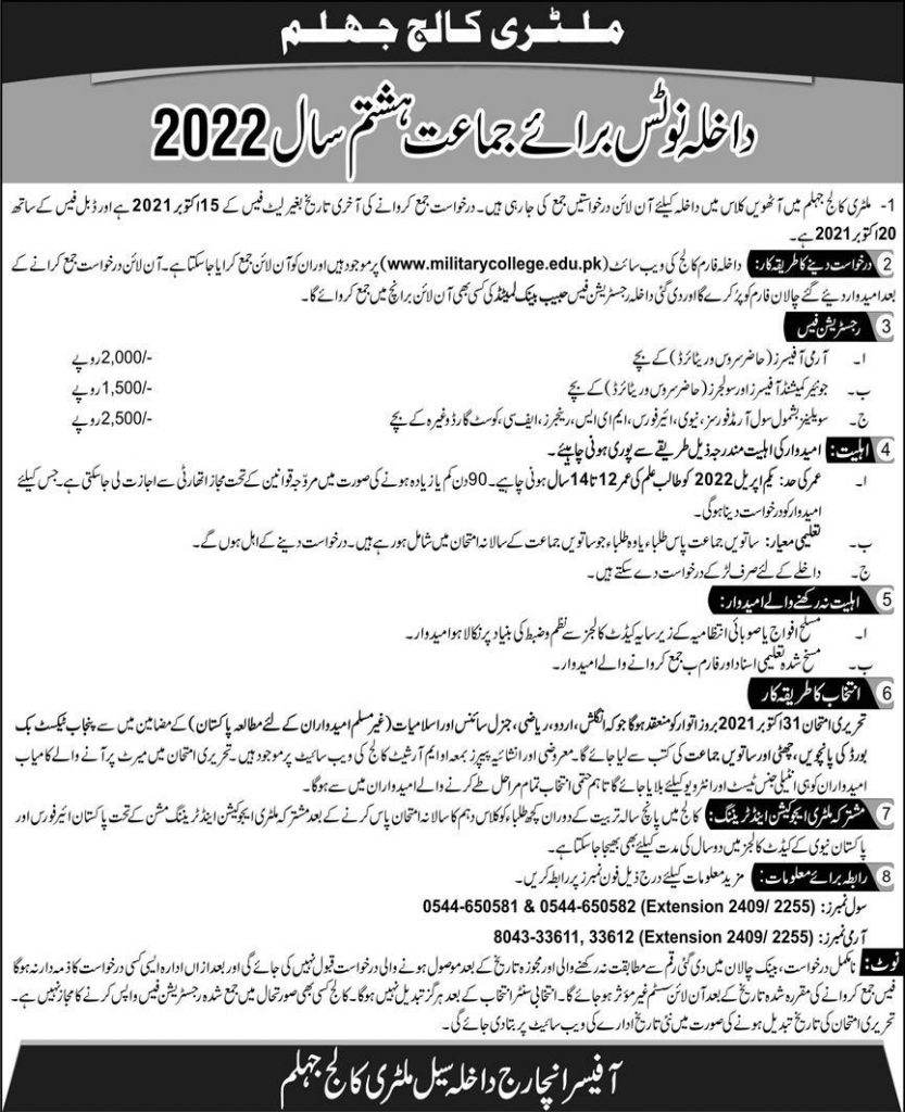 Military College Jhelum 8th Class Admission 2023 22 Form