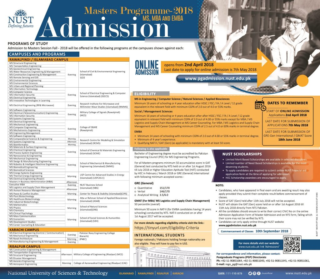 NUST University Islamabad Admission 2018 Last Date And Fee Structure