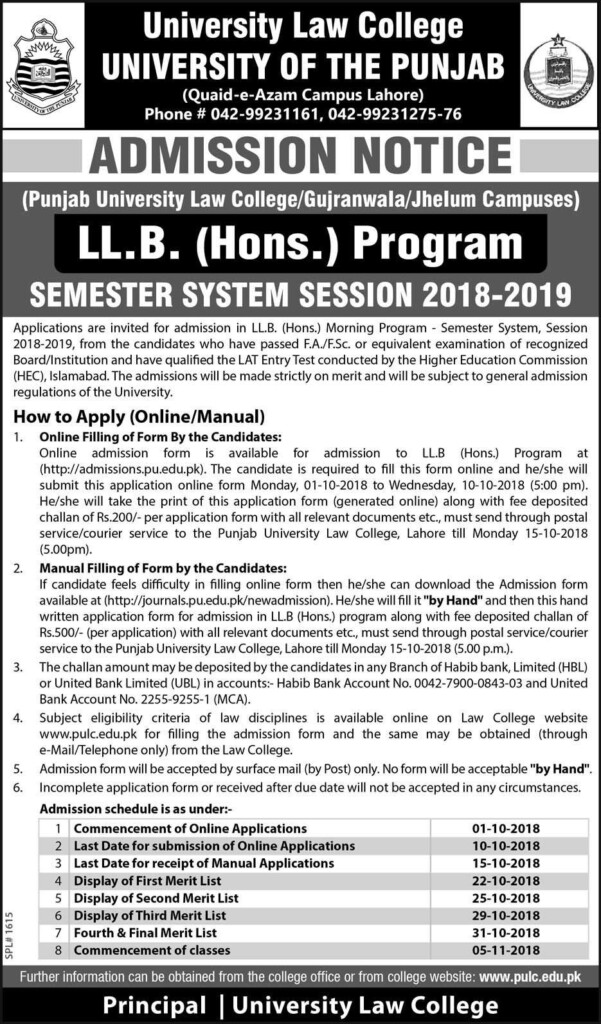 Punjab University Law College Lahore Admission 2018 PULC Online