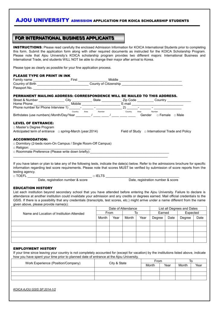 Ajou University Admission Form Admission Form