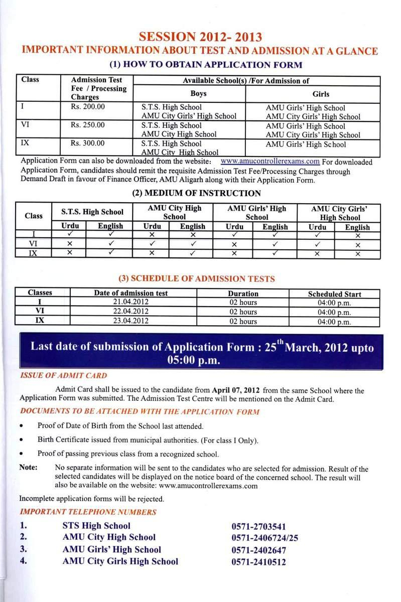 Aligarh Muslim University AMU Schools Admissions Application Forms 