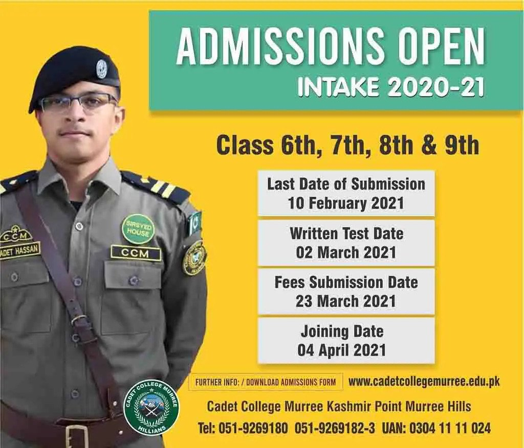 Cadet College Murree Admission 2022 2021 Form Last Date Fees