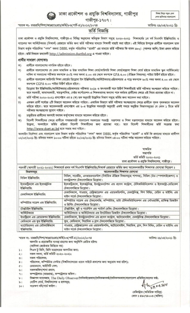 DUET Admission Circular 2021 PDF Download Of Dhaka University Of 