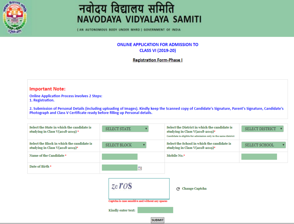 Jawahar Navodaya Vidyalaya Admission Form 2019 20 Class 6th Online 