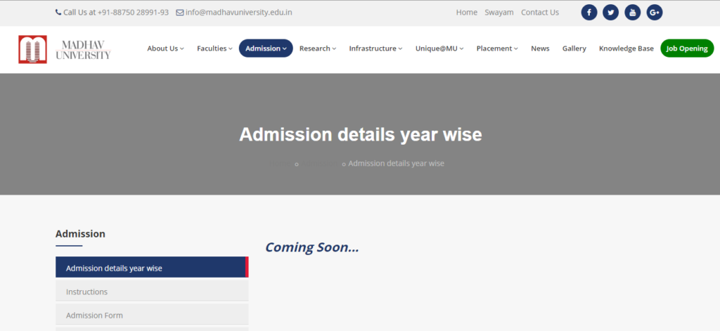 Madhav University Admission 2022 23 Application Form Dates