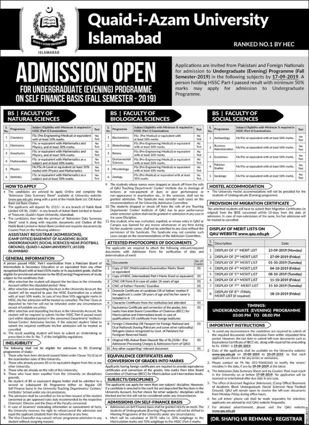 Quaid i Azam University Undergraduate Evening Admissions Fall 2019 20