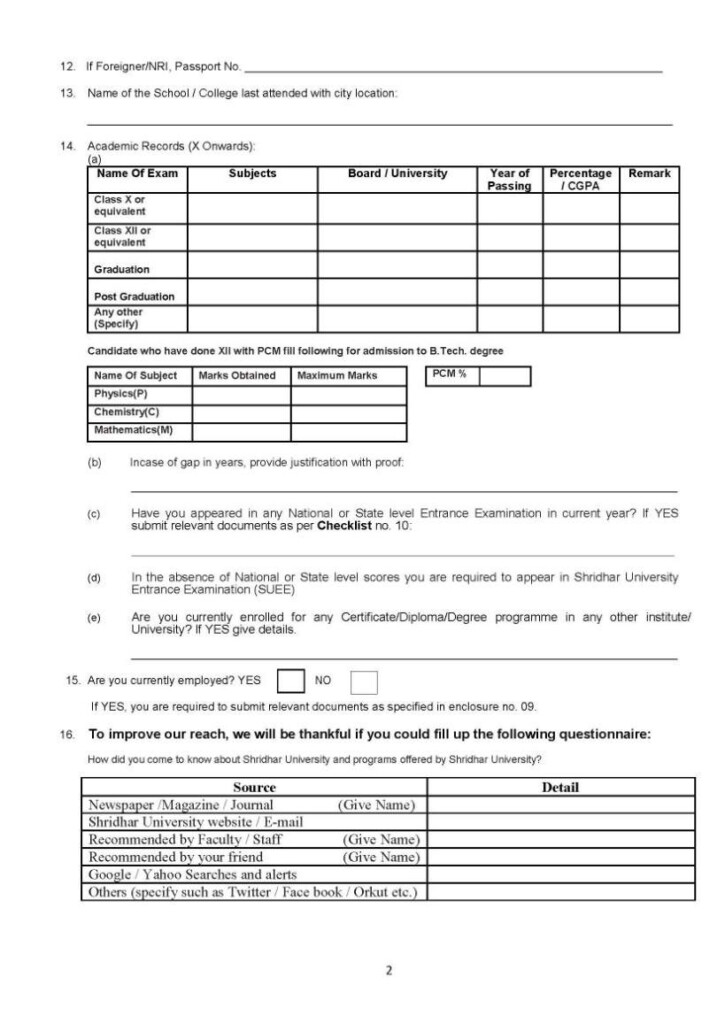 Shridhar University Admission Form Admission Form