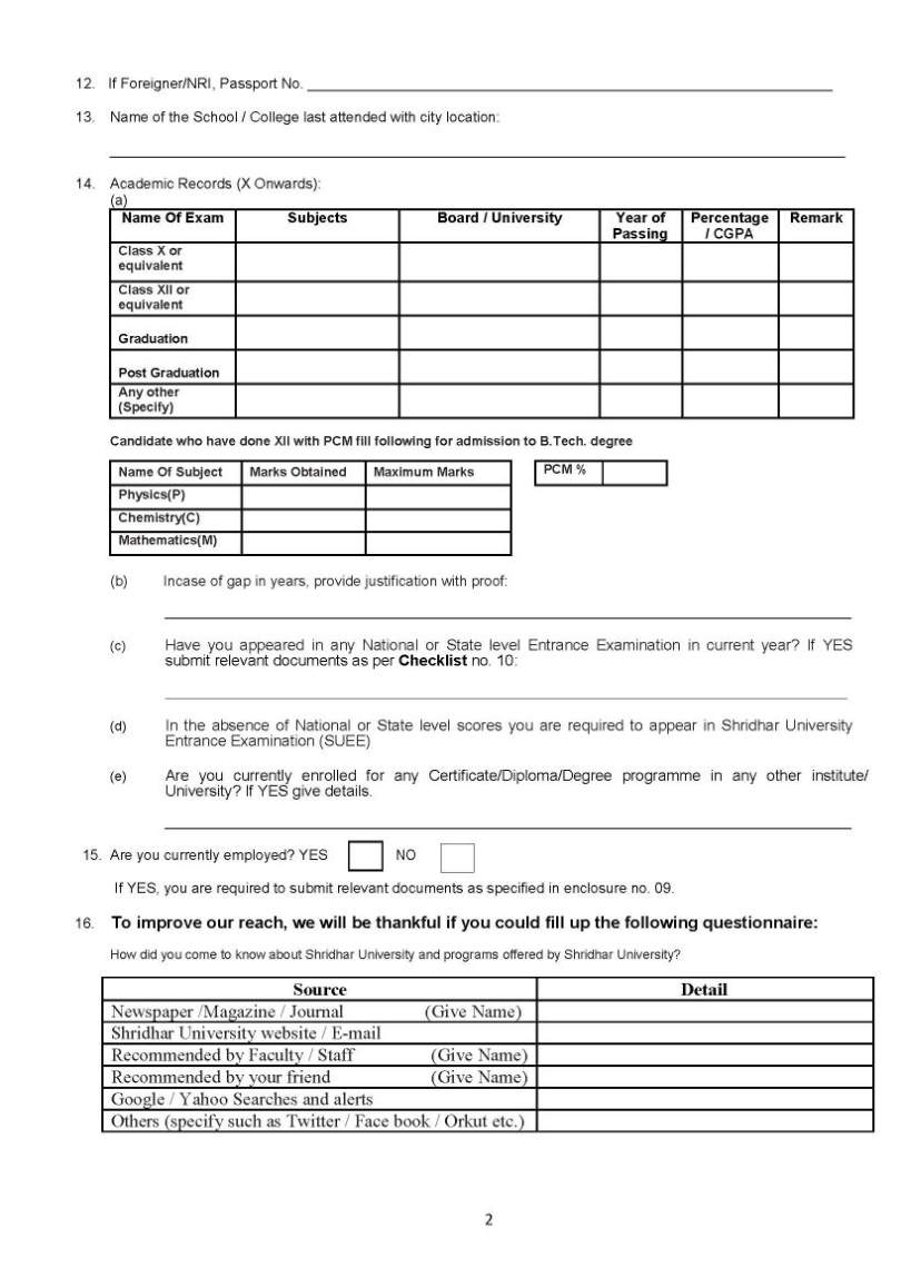 Shridhar University Admission Form Admission Form