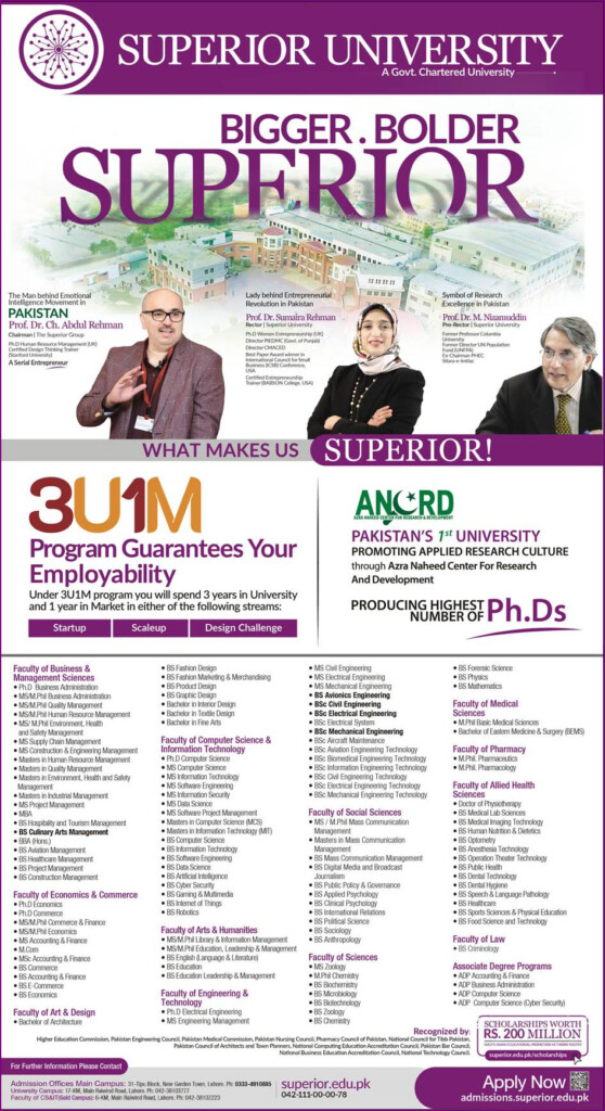 Superior University Lahore Admission 2023 Last Date Courses Form 