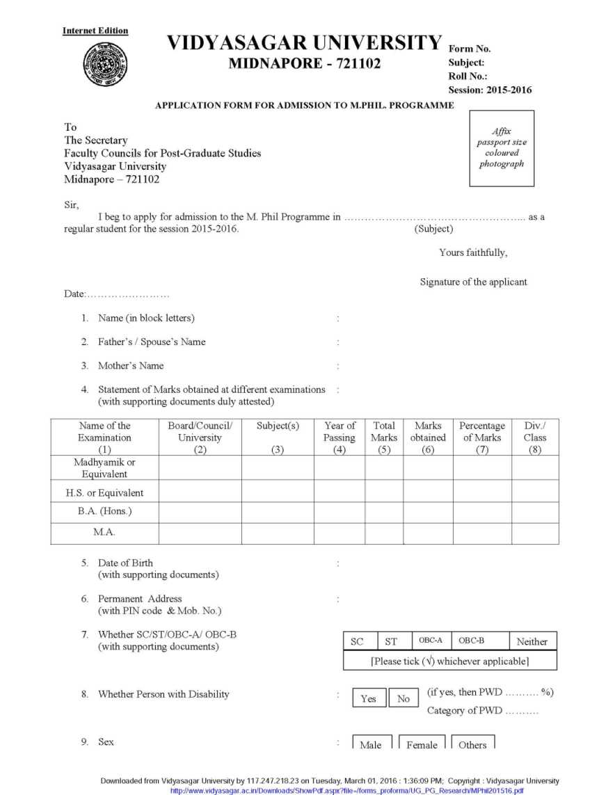 Vidyasagar Day College Admission Form Admission Form