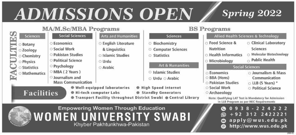 Women University Swabi BS MA MSc MBA Admission 2022 Result pk