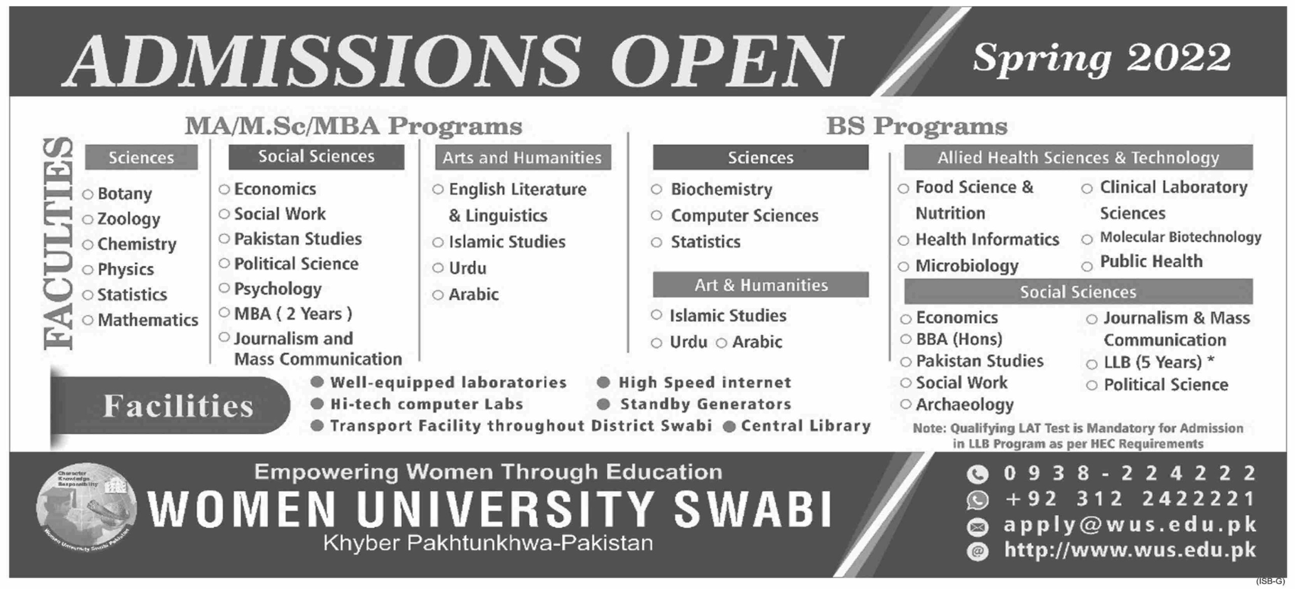 Women University Swabi BS MA MSc MBA Admission 2022 Result pk